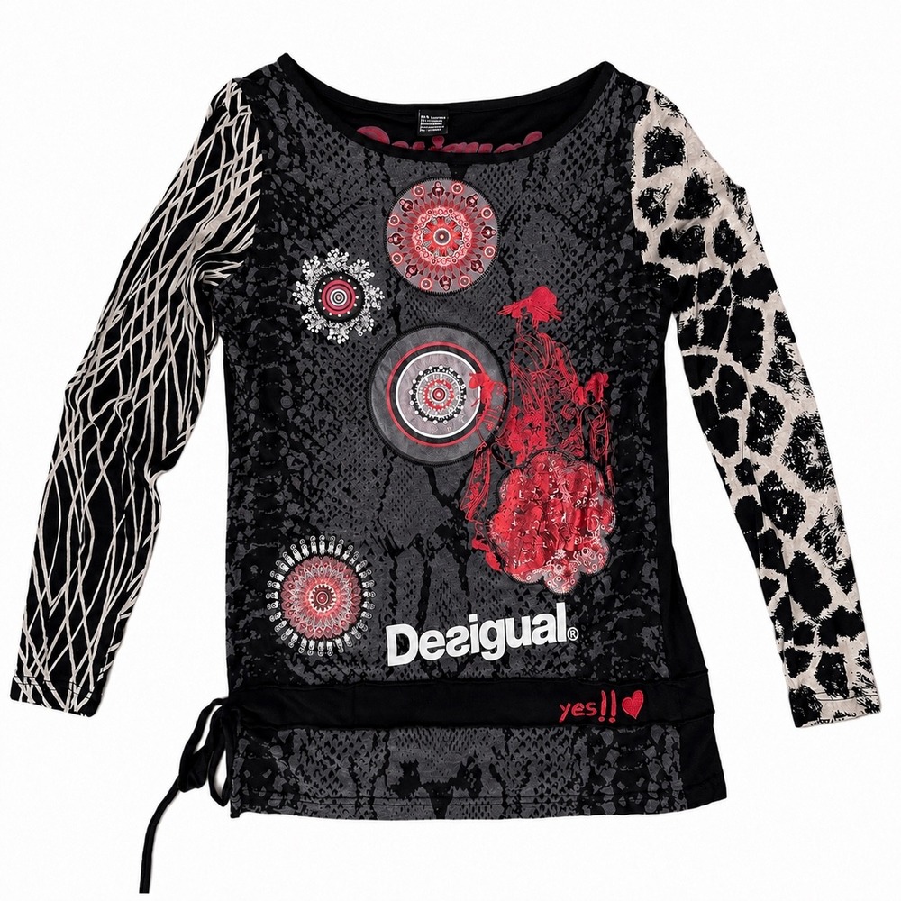Desigual Lena 47T2426 Y2K Mandala Rhinestone Long Sleeve Top Black Red Boho US S